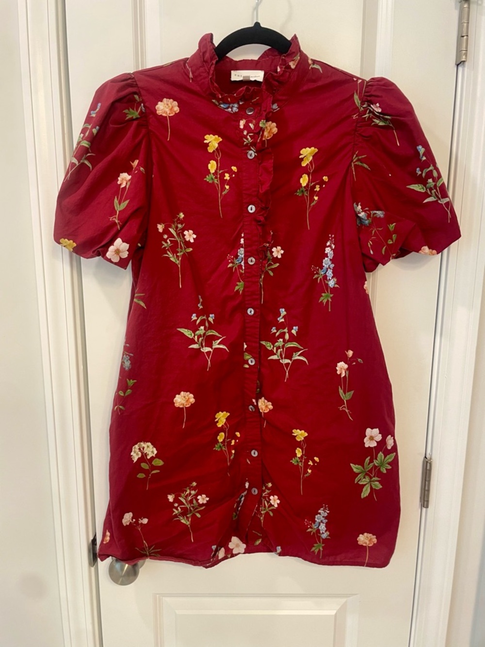 entro Red Floral Ruffle Button Shirt Dress